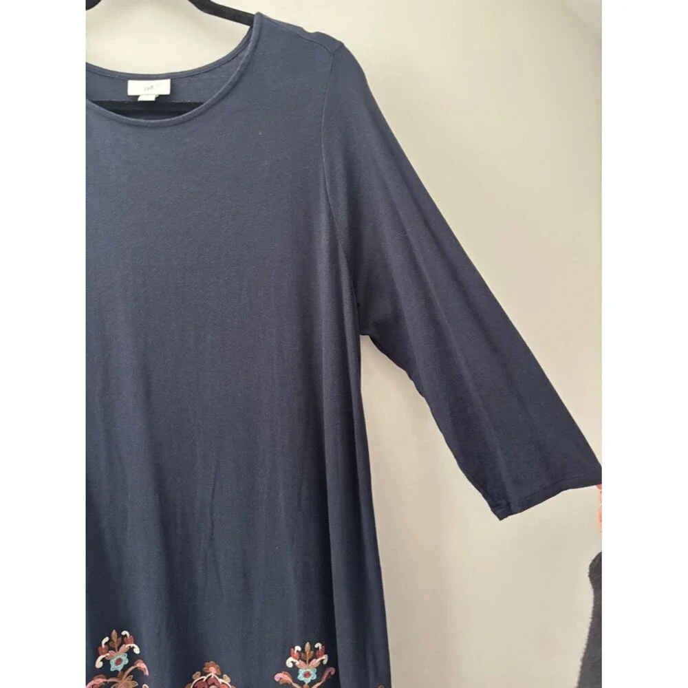 J. Jill Embroidered Floral Long Sleeve Shift Dress L Navy Blue Boho Chic Coastal